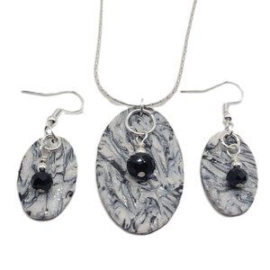 Necklace and Earrings Set - Black, White and Silver - Unique Polymer Clay